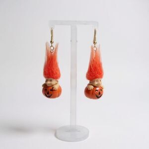 Russ Troll Doll Pumpkin Vintage Halloween Earrings with Orange Hair Peirced